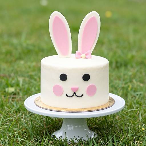 Photograph of a white bunny-themed cake with pink ears, black eyes, and blush on a white stand, set on green grass.