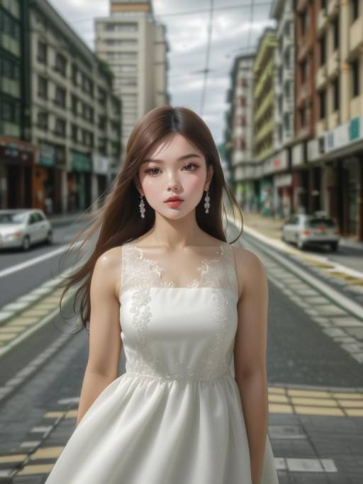 Asian Woman in White Dress on Urban Street