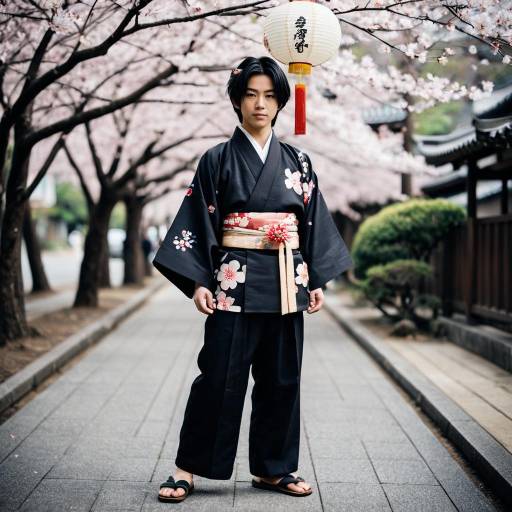 Young man in kimono under cherry blossoms