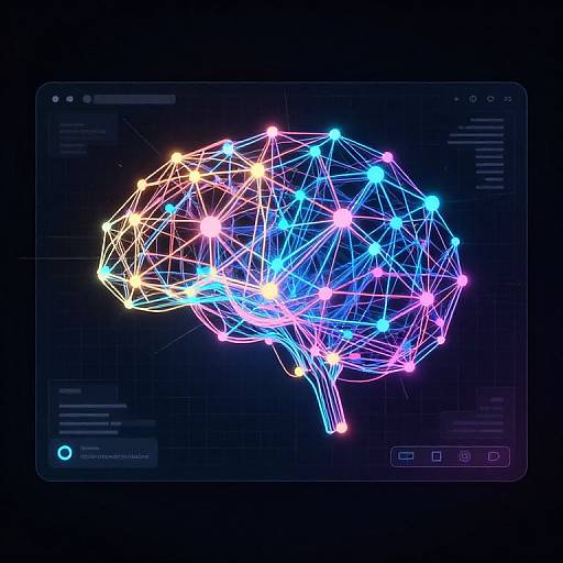 Neon-lit, wireframe brain diagram on a dark tablet screen, showcasing colorful blue, purple, and yellow nodes against a black background. Digital