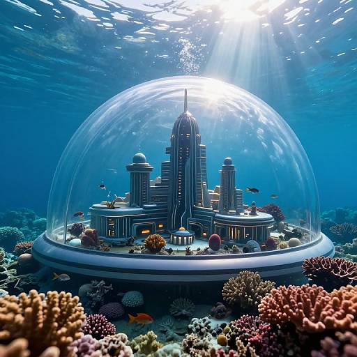 Photograph of a detailed, futuristic cityscape under a clear dome, surrounded by colorful coral reefs, illuminated by sunlight filtering through water above.