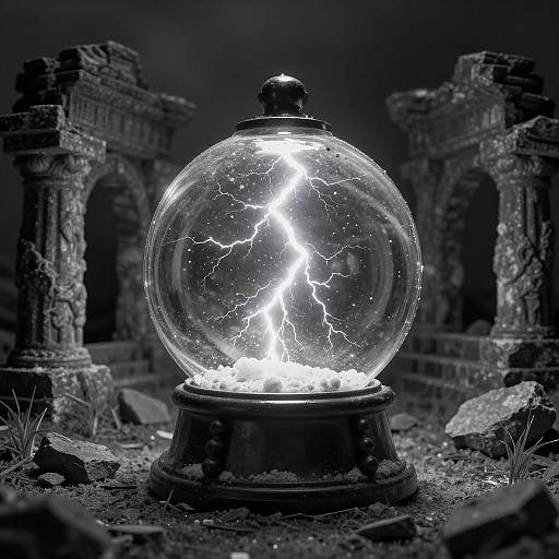 Photograph of a glowing, lightning-filled glass globe on a pedestal, surrounded by ancient, ruined stone columns in a dark, moody landscape.