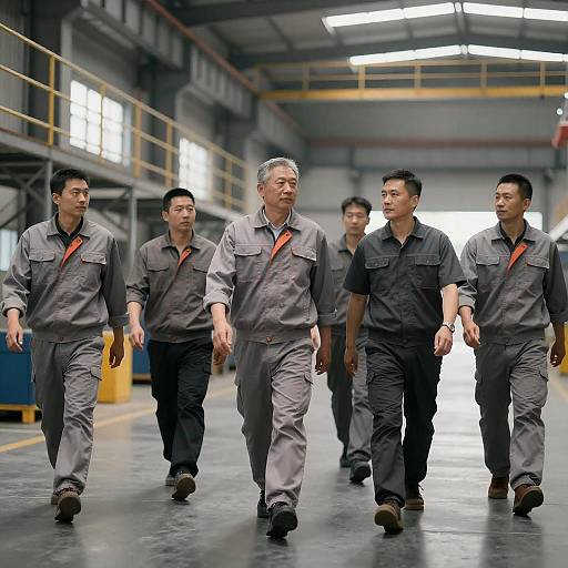 Group of Asian Industrial Workers Walking