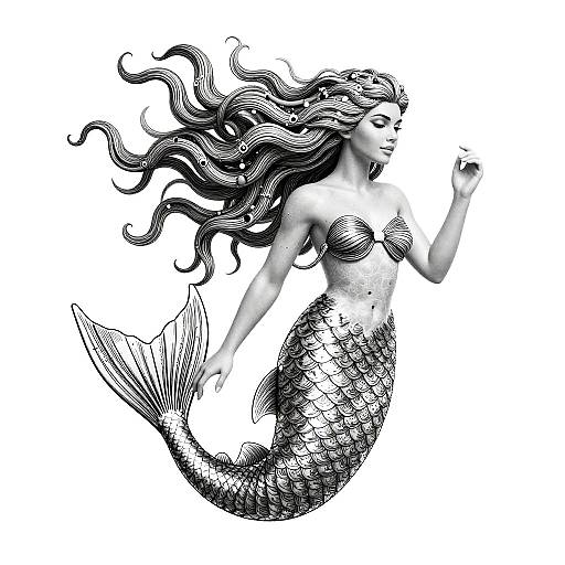 Black-and-white digital illustration of a mermaid with flowing hair, detailed fish scales, and a textured tail, floating gracefully.
