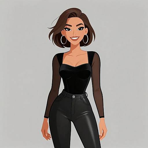 Digital illustration of a smiling woman with short brown hair, wearing a black long-sleeve top and high-waisted black pants, large hoop earrings