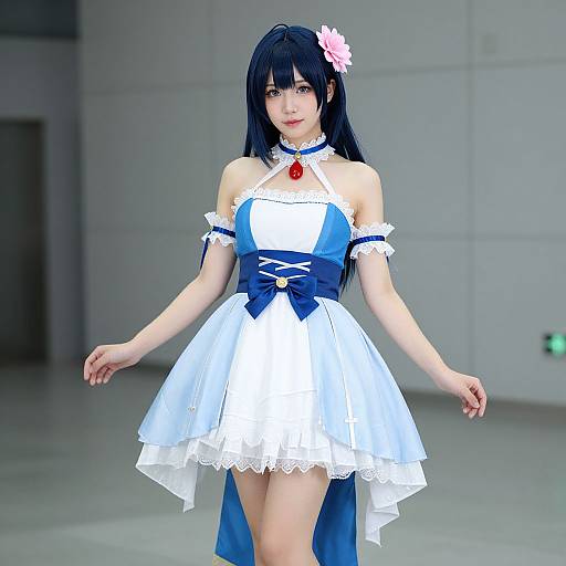 Digital anime-style image of a young woman with long black hair, wearing a white and blue off-shoulder frilled dress, red pendant, and