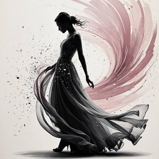 Elegant Silhouette in Flowing Gown with Abstract Ink Swirl
