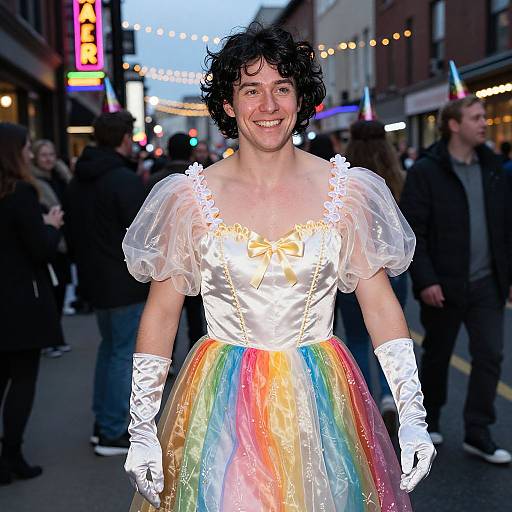 Photograph of a curly-haired woman in a white satin top, rainbow tutu, and white gloves, smiling at a nighttime street festival.