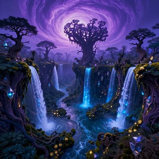 Digital fantasy artwork of a mystical forest with swirling purple vortex, cascading blue waterfalls, glowing lanterns, and eerie, twisted trees.