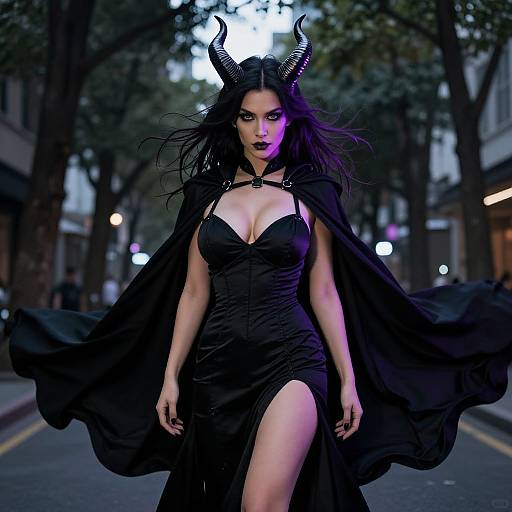 Photograph of a dark-haired woman with black horns, black dress with a thigh-high slit, flowing cape, and intense purple eyes, walking down a