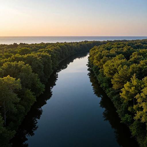Aerial photograph of a calm, narrow river winding through dense, green mangrove forests at sunset, with a clear, gradient sky from blue to orange