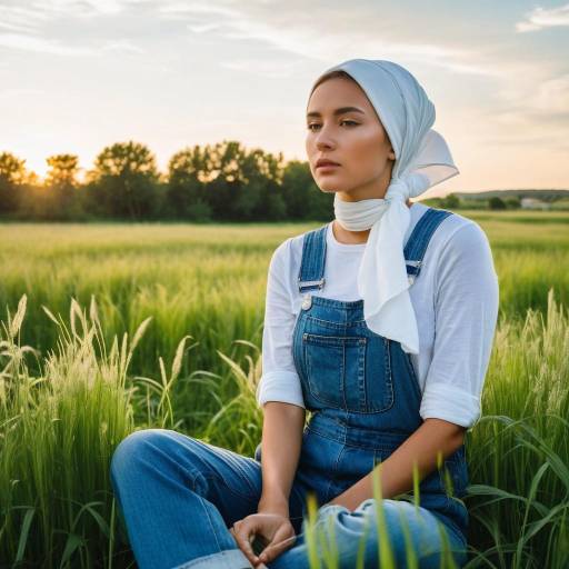 Young Woman in Denim Overalls Sitting in Green Field