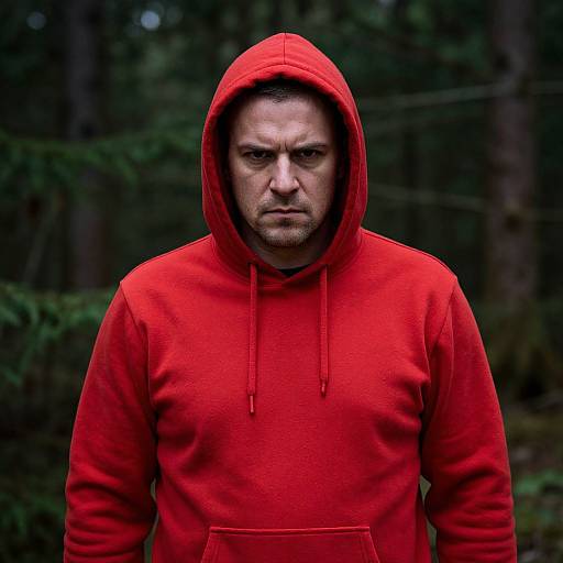 Serious Man in Red Hoodie Forest