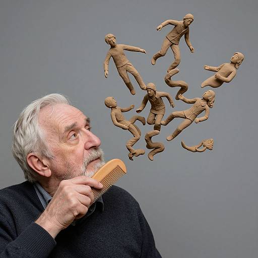 Photograph of an older white man with gray hair and beard, holding a comb, with floating, nude, brown clay figures.