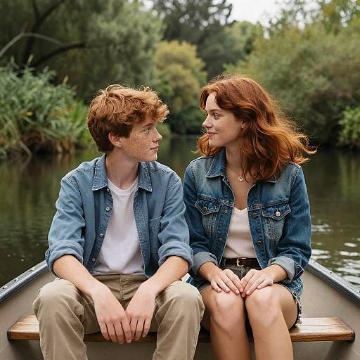 Young Couple in Boat Surrounded by Greenery