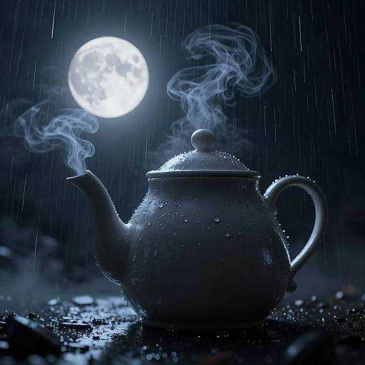 Photograph of a steamy, rain-soaked silver teapot under a bright full moon, with water droplets glistening on its surface.