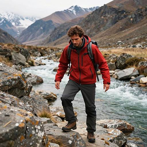 Photograph of a curly-haired man in a red jacket and black backpack walking along a rocky stream in a mountainous, snowy landscape.