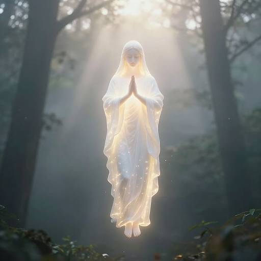 Glowing Spirit in Prayer Floating Above Forest