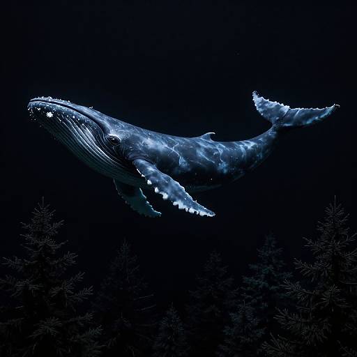 Digital art of a glowing blue whale with bioluminescent patterns swimming in a dark, deep ocean with silhouetted trees below.