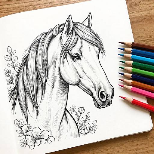 Ink drawing of a horse's head with detailed mane and flowers, surrounded by colorful pencils on a wooden surface.