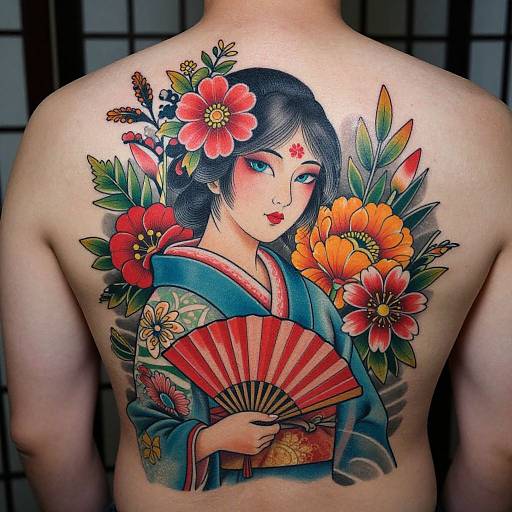 Colorful back tattoo of a Japanese woman with black hair, red flower, and traditional kimono, holding a red fan, surrounded by vibrant flowers.