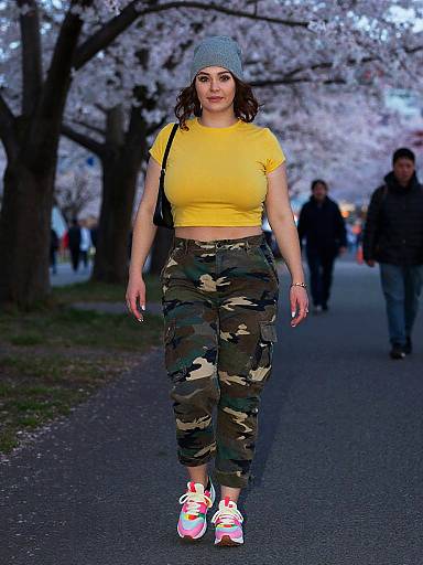 Photograph of a curvy woman with medium skin tone, wearing a yellow crop top, camouflage pants, gray beanie, and neon sneakers, walking