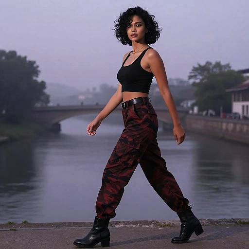 Elegant Woman on Foggy Bridge at Dusk