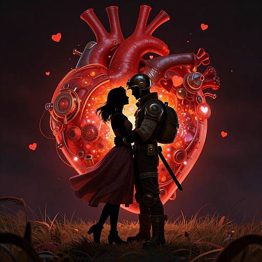 Digital art of a silhouetted couple in futuristic armor, facing each other before a glowing, heart-shaped mechanical organ with red hearts. Dark,