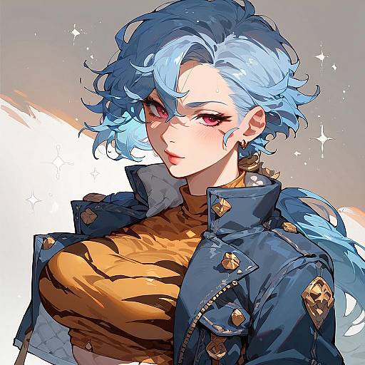 Anime Woman with Light Blue Hair in Denim Jacket