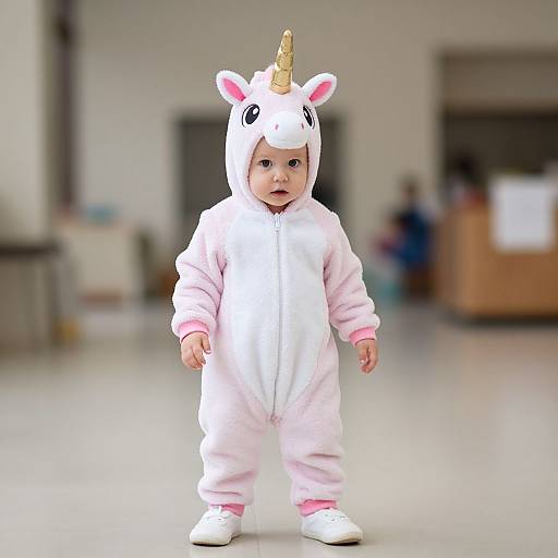 Photograph of a baby in a white unicorn onesie with a gold horn, pink cuffs, and white shoes, standing indoors.