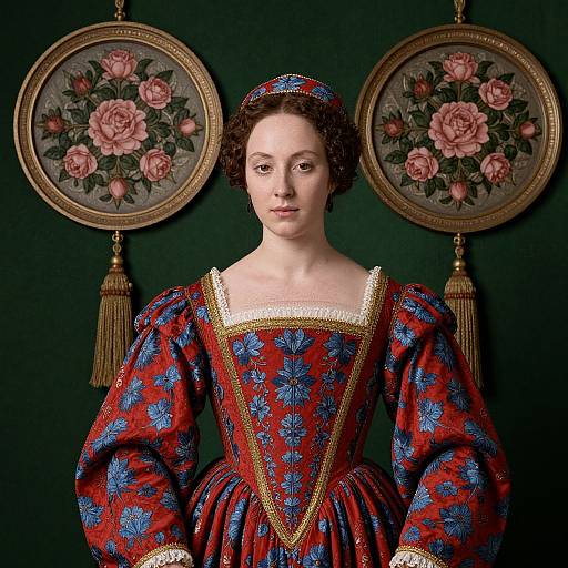 Photorealistic portrait of a fair-skinned woman in a detailed red and blue floral Renaissance dress, framed by two floral oval mirrors on a dark green