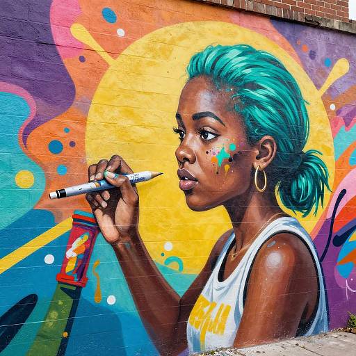Teal-Haired Artist Creating Vibrant Mural