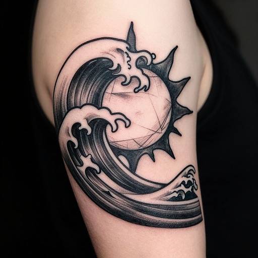 Black-and-gray tattoo on a human arm depicting a dynamic wave crashing into a sun with sharp, spiked edges.