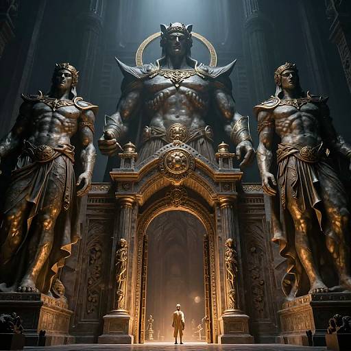 Digital art of a dark, gothic cathedral featuring massive, muscular, bronze statues of deities flanking a central, illuminated archway and a lone
