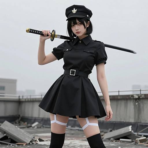 Intense Warrior Woman on Rooftop