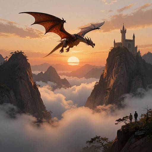 Fantasy Dragon Flying Over Mountain Castle at Sunset