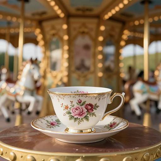 Photograph of a floral-patterned teacup and saucer on a golden circular table, with a blurred, ornate carousel background.