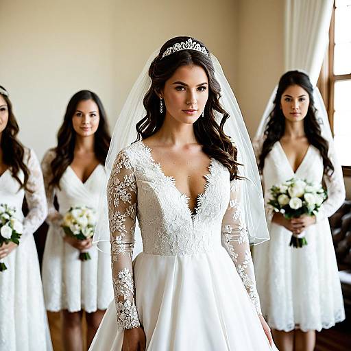 Elegant Bride with Bridesmaids in White Lace Dresses