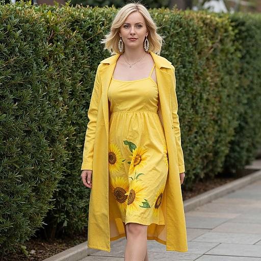Photograph of a blonde woman with wavy hair, wearing a yellow sunflower dress and matching coat, standing in front of a green hedge on a