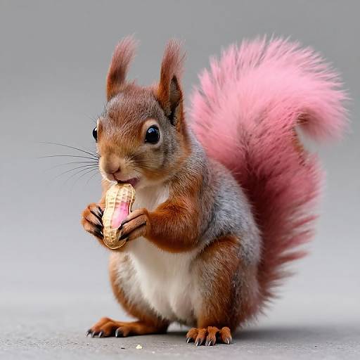 Photograph of a realistic CGI red squirrel with pink-tipped tail, eating a peanut from a shell, standing on a gray surface.