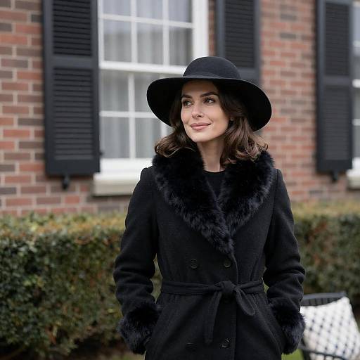 Elegant Woman in Black Hat and Coat