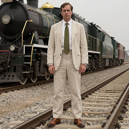 Photograph of a middle-aged man in a white suit, green tie, and brown shoes standing on train tracks in front of a black steam locomotive