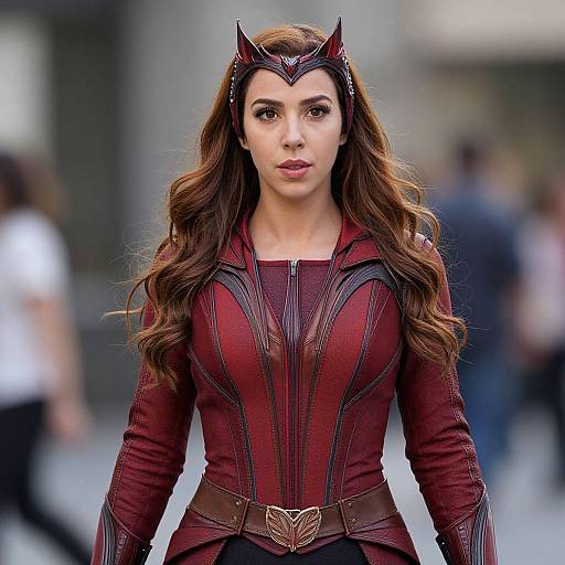 Photograph of a woman with long brown hair, wearing a red and black Marvel superhero costume with a horned headpiece, standing confidently in a blurred