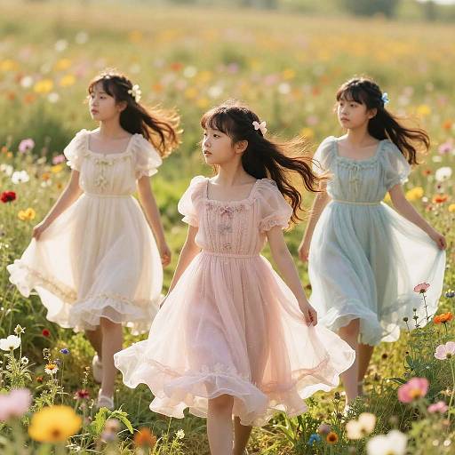 Photograph of three young Asian girls with long dark hair, wearing pastel dresses, running through a sunlit, colorful meadow.