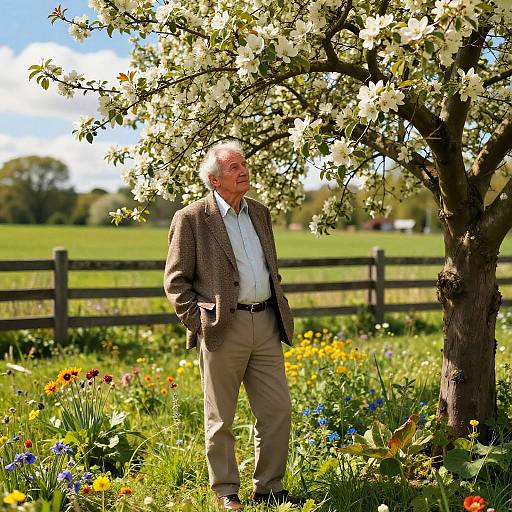 Photograph of elderly white man with gray hair, wearing brown blazer, white shirt, beige pants, standing under blooming tree in colorful meadow