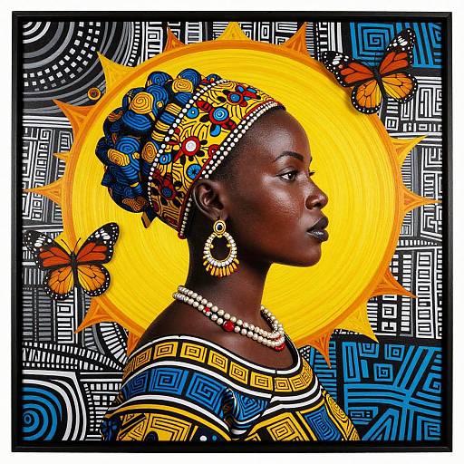 Photograph of a dark-skinned African woman with intricate blue and yellow headpiece, pearl necklace, and earrings, surrounded by orange butterflies and geometric patterns