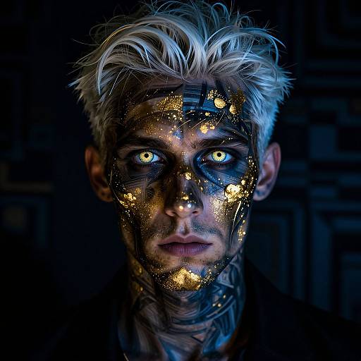 Photograph of a pale-skinned man with platinum blonde hair, glowing yellow and blue face paint, illuminated against a dark, blurred background. His intense
