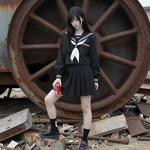 Asian Woman in Black Sailor Uniform on Industrial Rubble