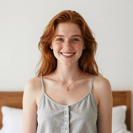 Photograph of a smiling young woman with freckles, long red hair, wearing a gray button-up tank top and gold necklace, standing against a