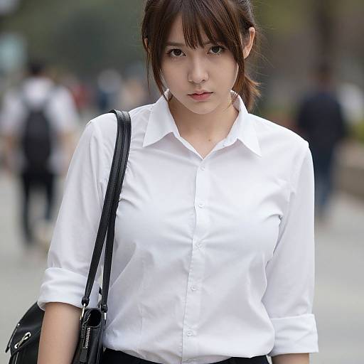 Photograph of a young Asian woman with fair skin, straight brown hair in a side ponytail, wearing a white button-up shirt, black shoulder bag